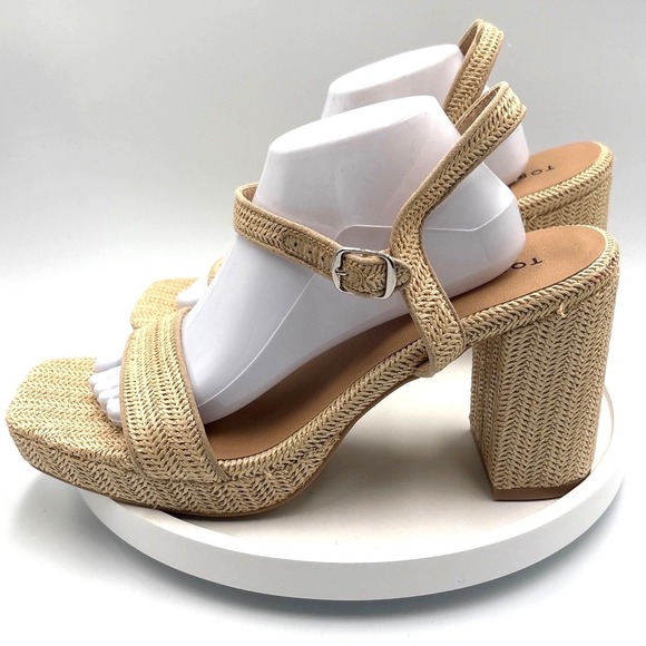 torrid Shoes - Torrid Raffia Platform Block Heel Sandals Tan Woven Square Toe 13WW 40225174
